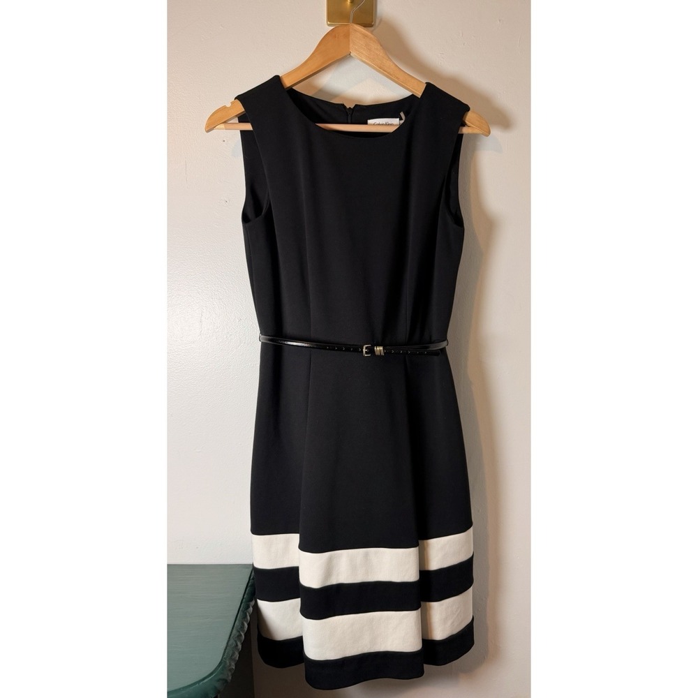 Calvin Klein Fit & Flare Sleeveless Black Dress w/ White Hem Stripes Belted Sz 6